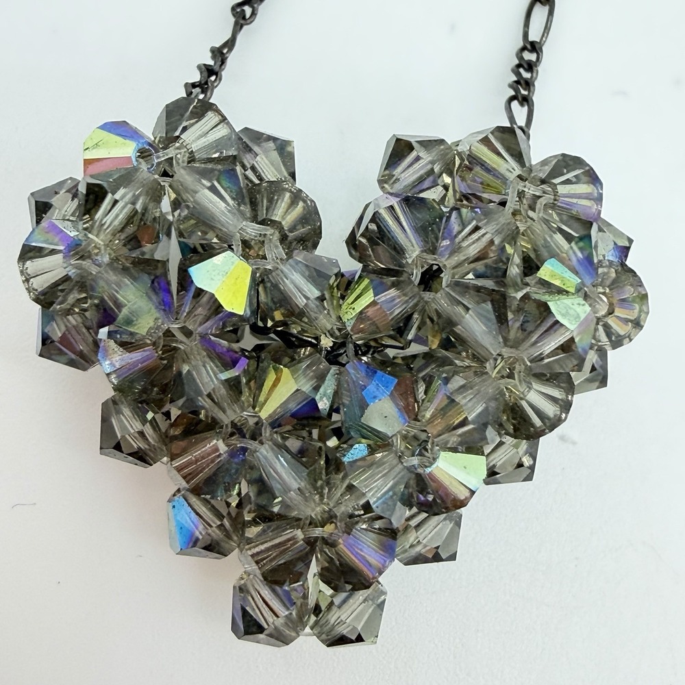Vtg Swarovski Cluster Heart Necklace Sterling Silver 925 Peacock AB Crystals